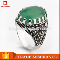 2015 top sale 925 sterling silver Indonesia men ring white gold plated natural one big green agate stone ring designs